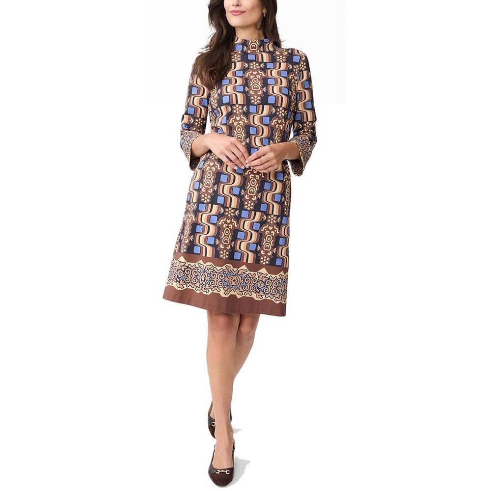 J.McLaughlin Zelda Dress Brown Blue Geometric Print Mock Neck Size Large